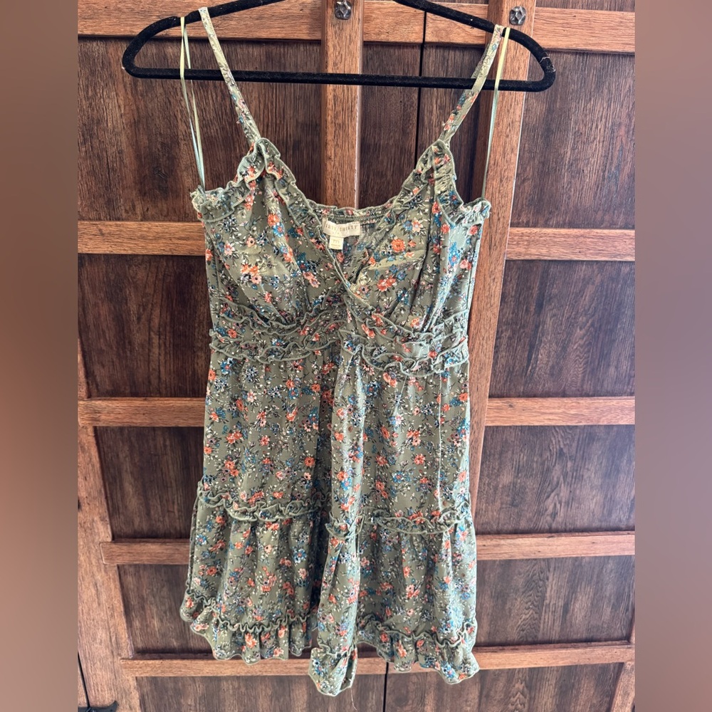 Floral Ruffle Spaghetti-Strap Dress in Olive Green